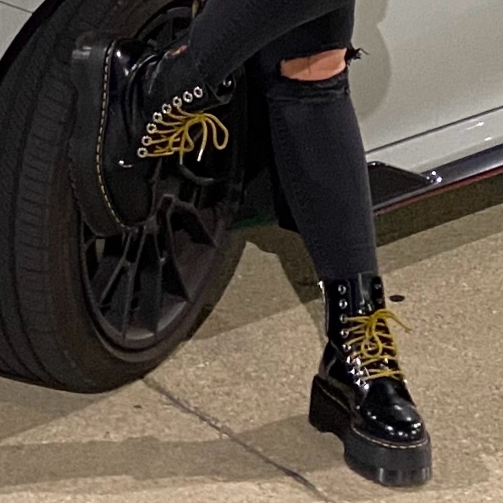 Dr. Martens Black Patent Combat Boots with Yellow Laces